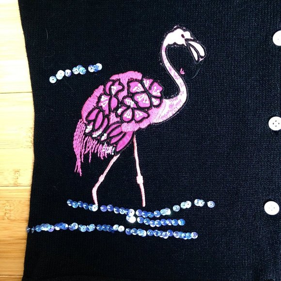 Great Cavalier Flamingo Embroidered Cardigan Black‎ Size M Sequins Applique - Picture 5 of 6